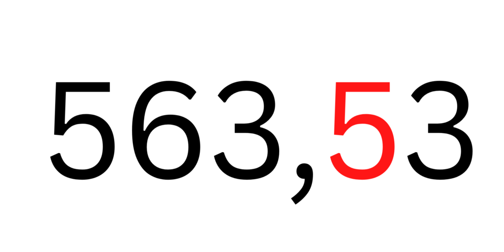Bilderklärung: Dezimalzahl abgebildet. Bei 563,53 ist die Zehntel Stelle, also die 5 in der Nachkommastelle rot markiert.