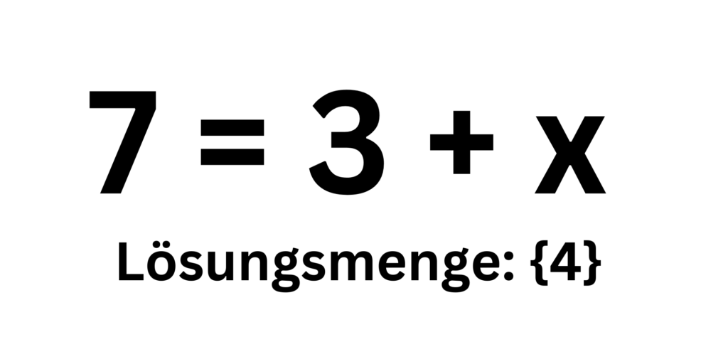 Bilderklärung: Die Gleichung 7 = 3 + x und dazu die Lösungsmenge welche 4 ergibt.